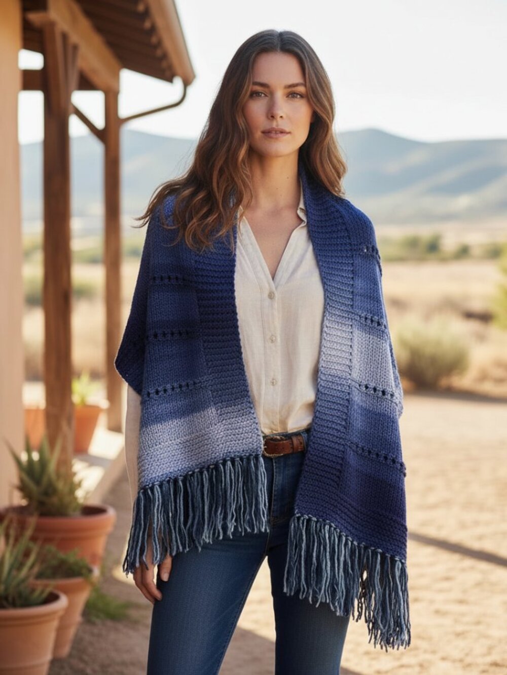 NEW Blue Ombre Hand Knitted Shawl Wrap Boho Hippie Fringe Cottage Western Indie